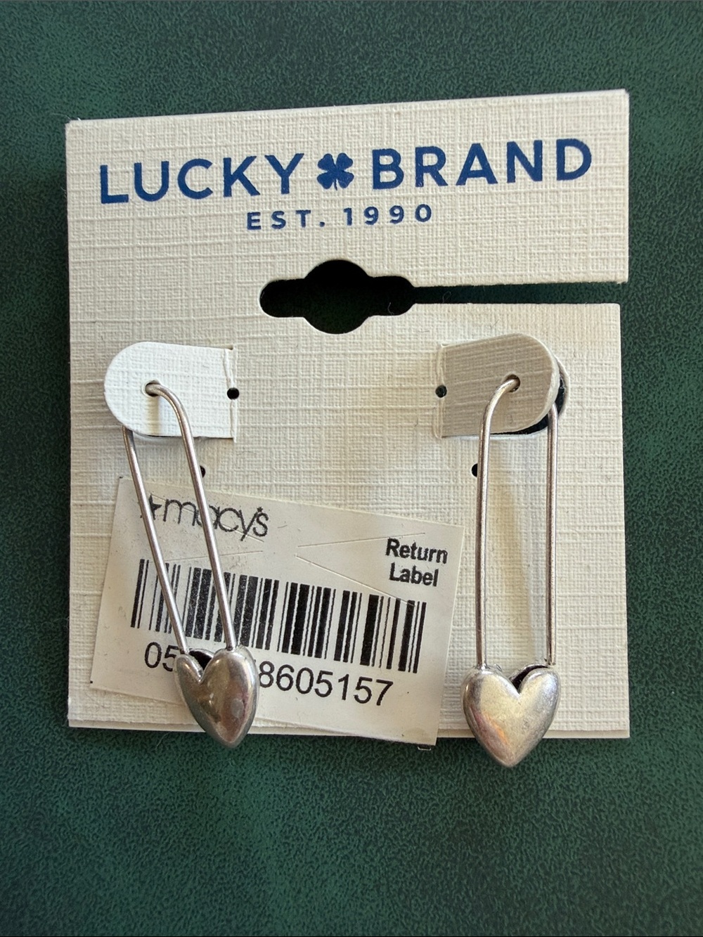 NWT. Lucky Brand Silver Heart Safety Pin Drop Earrings